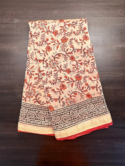 Beige-Red Chanderi Saree with Hand Block Print