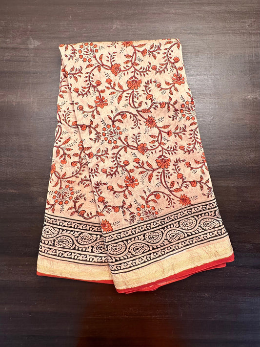 Beige-Red Chanderi Saree with Hand Block Print