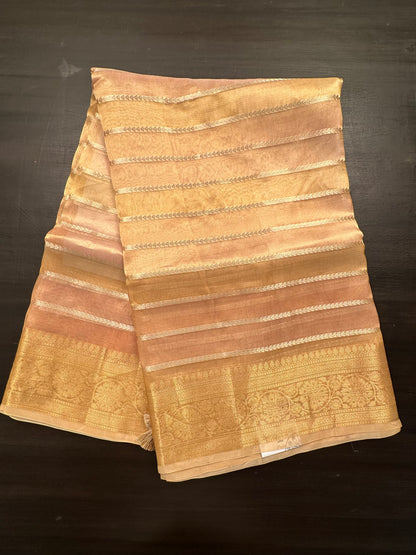 Peach-Golden Banarasi Pure Tissue Saree