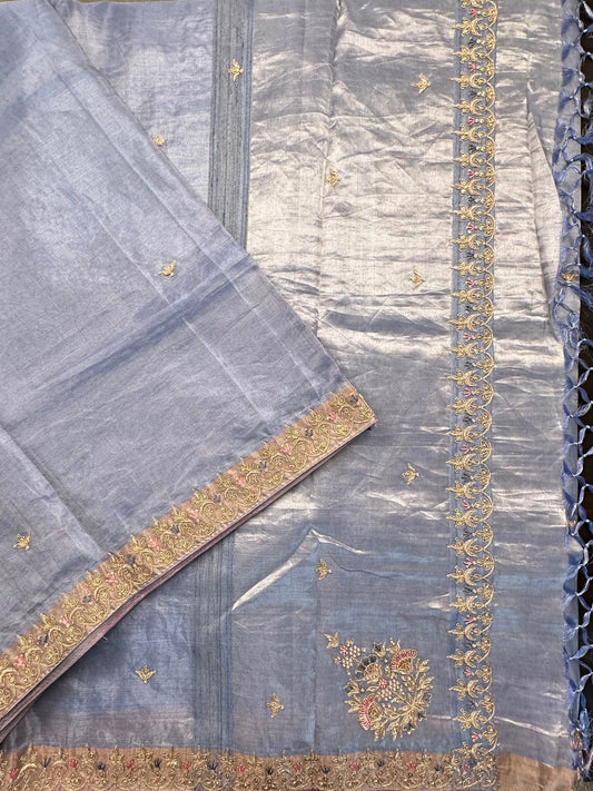 Blue Tissue Silk Saree With  Zardozi Work