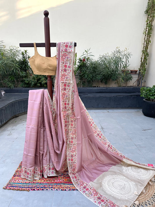 Pink-Beige Printed Art Silk Saree