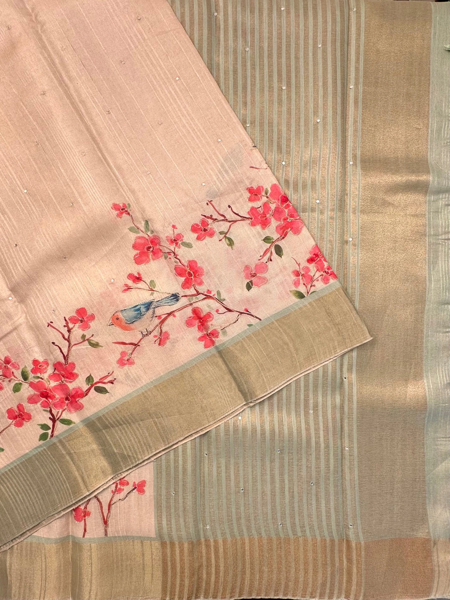 Beige-Pista Green Diraa Tissue Saree
