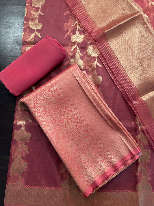 Banarasi Brocade Woven Unstitched Suit Fabric With Organza Dupatta