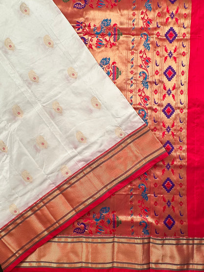 Off White-Red Paithini Silk Saree