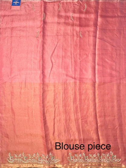 Coral Pink Tissue Silk Saree With Work