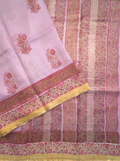 Mauve Hand Block-Print Pure Kota Doria Silk Saree