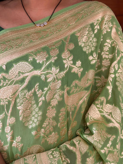 Parrot Green Khaddi Jaal Pure Georgette Saree