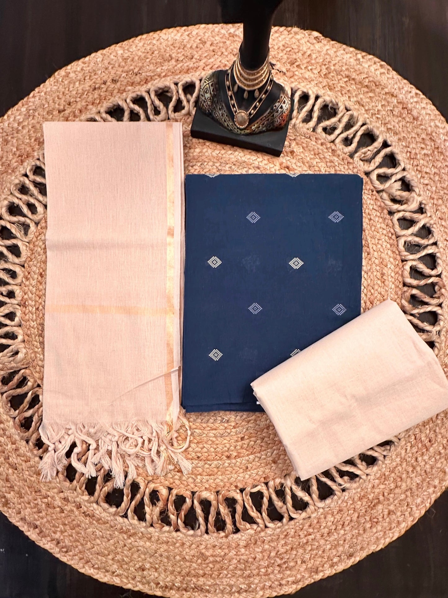 Navy Blue-Beige Avani South Cotton 3-Piece Suit