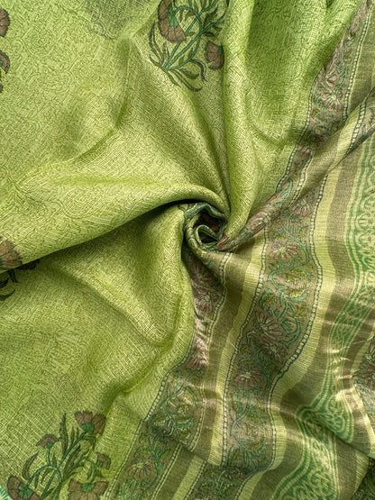 Green Hand Block-Print Pure Kota Doria Silk Saree