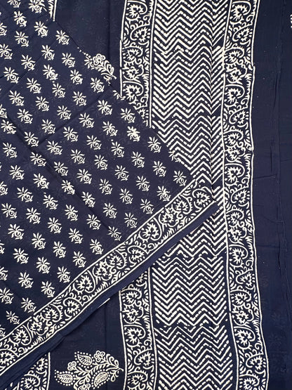 Navy Blue Bagru Hand Block Print Pure Cotton Saree