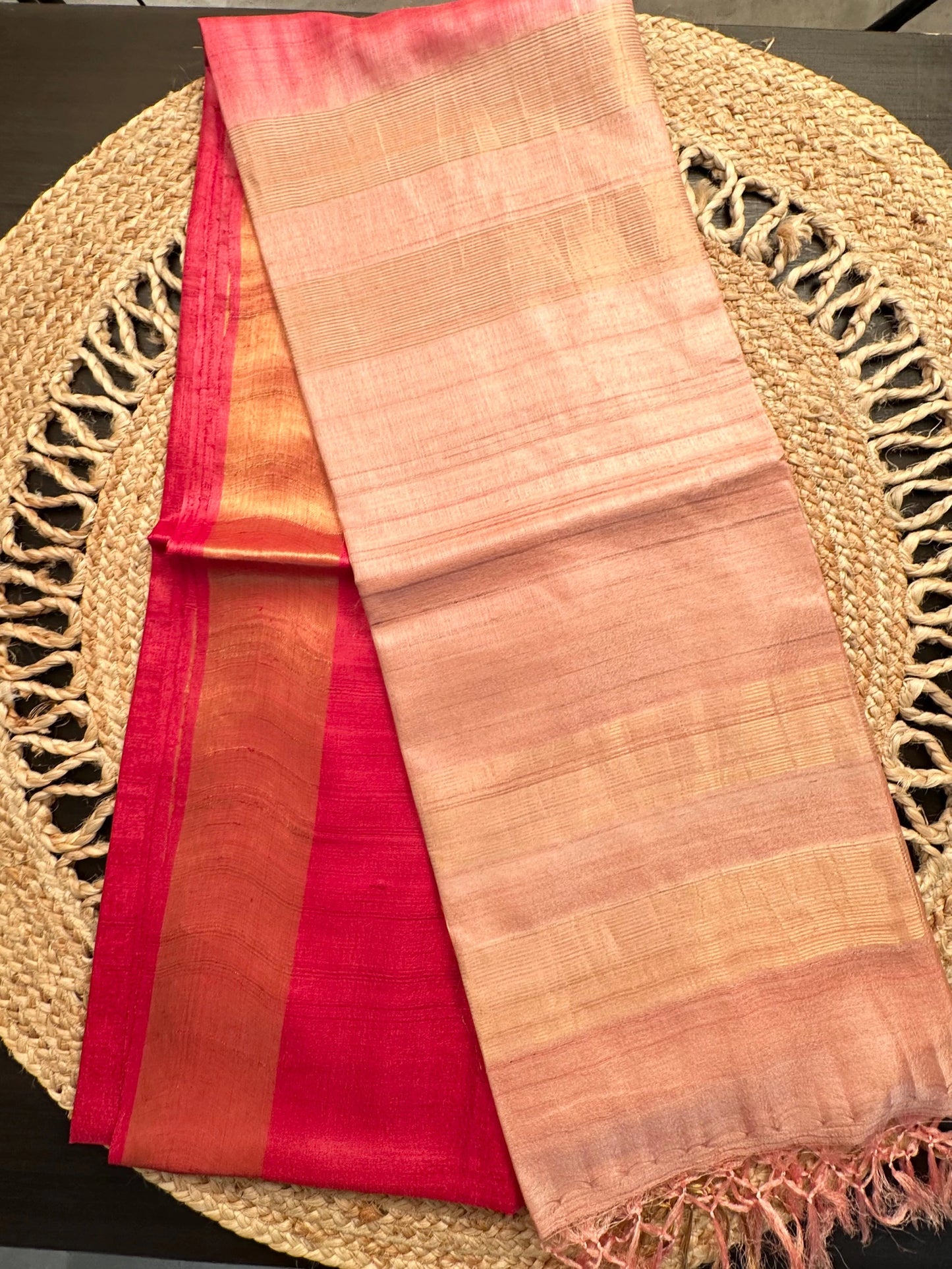Red-Peach Handloom Tussar Silk Saree