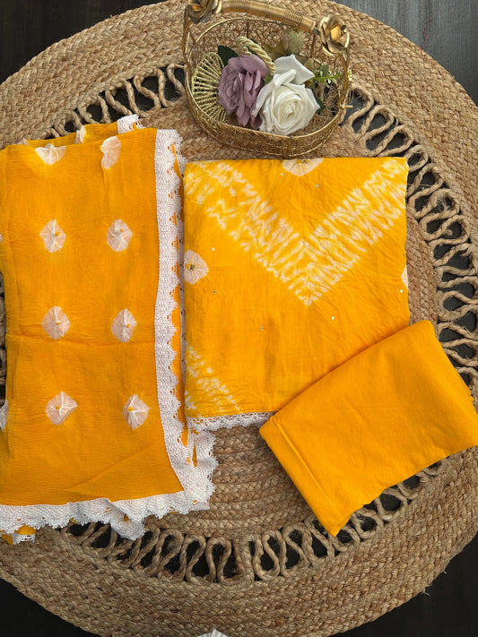 Yellow Batik-Bandhini Hand Tie-Dye Pure Cotton 3-Piece Unstitched Suit