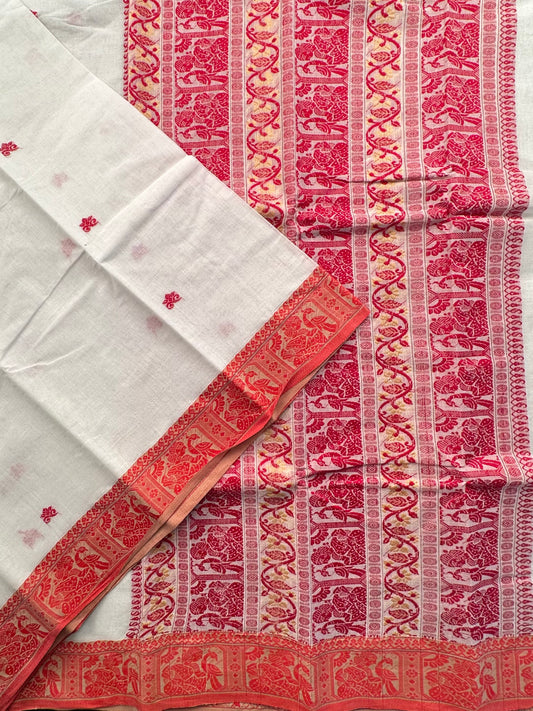 White Red Doodh Aalta Baluchari Weave Pure Cotton Saree