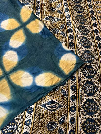 Peacock Blue-Yellow Ajrakh Blended Modal Saree