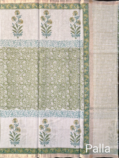 Off White- Green Block Printed Kota Doria Cotton Saree