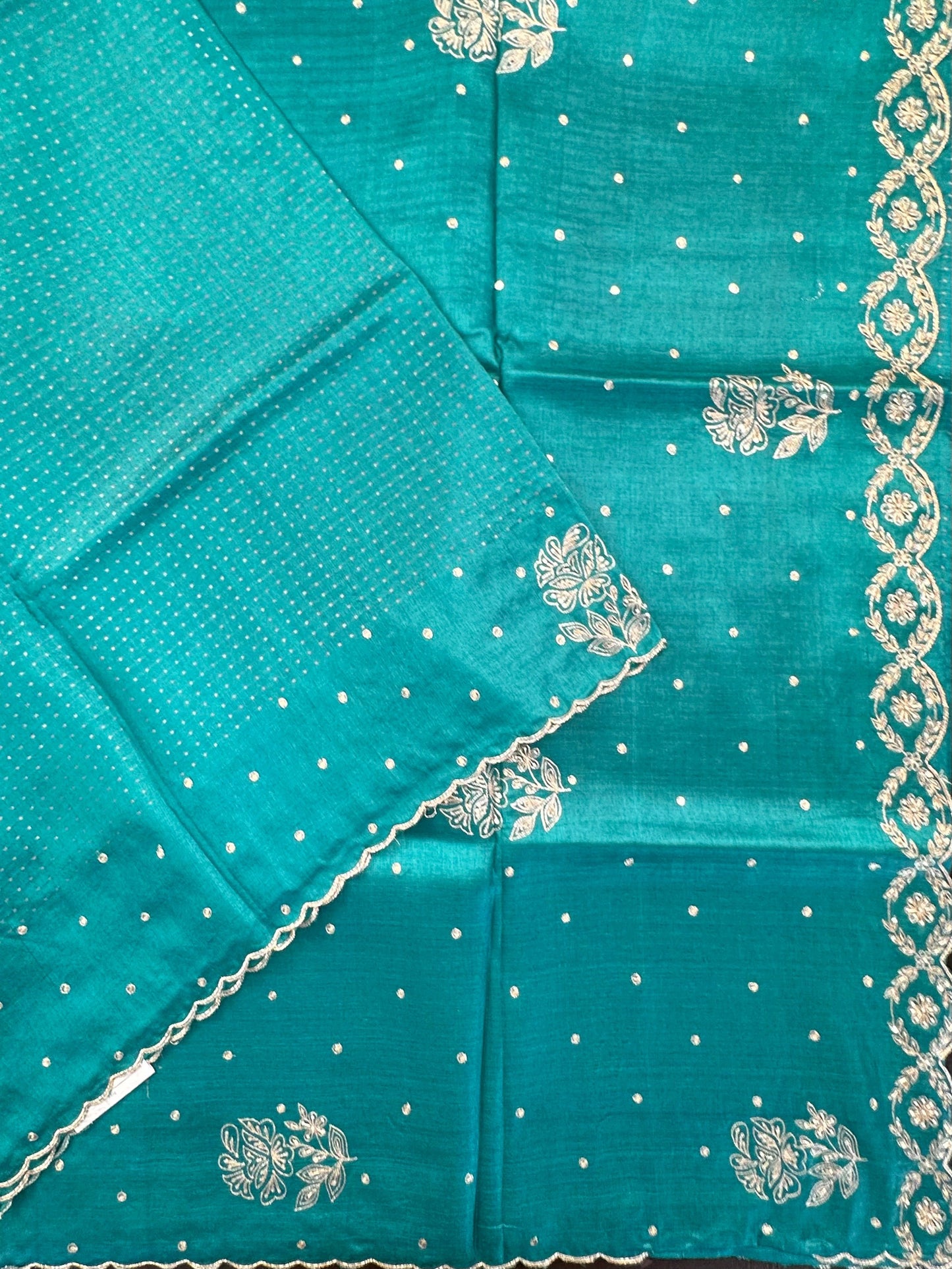 Rama Green Aari Work Pure Tussar Silk Saree