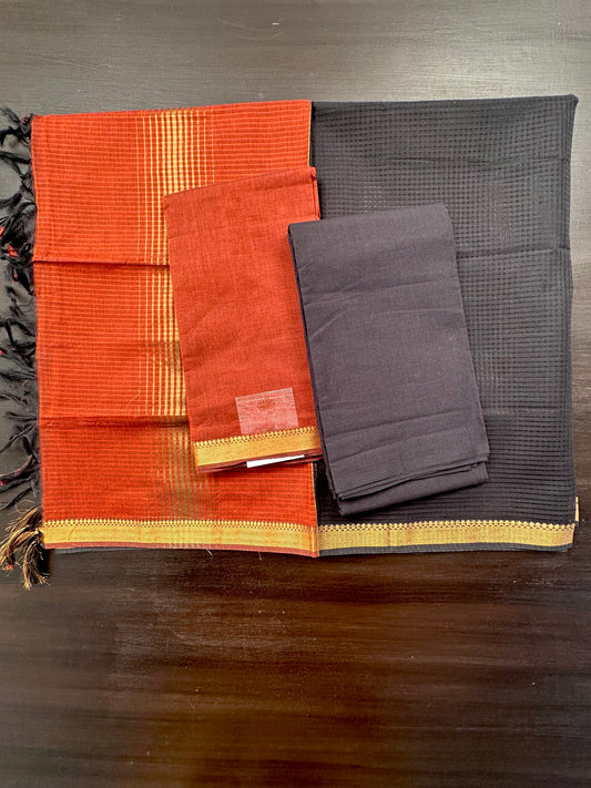 Brown-Black Mangalgiri Pure Cotton Unstitched 3-Piece Suit