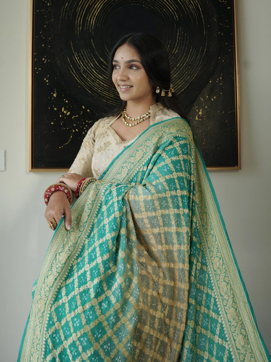 Sea Green-Gray Pure Georgette Gharchola Bandhej Saree