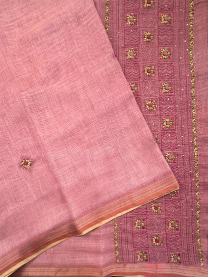 Dusky Pink Blended Cotton Saree with Hand Embroidery