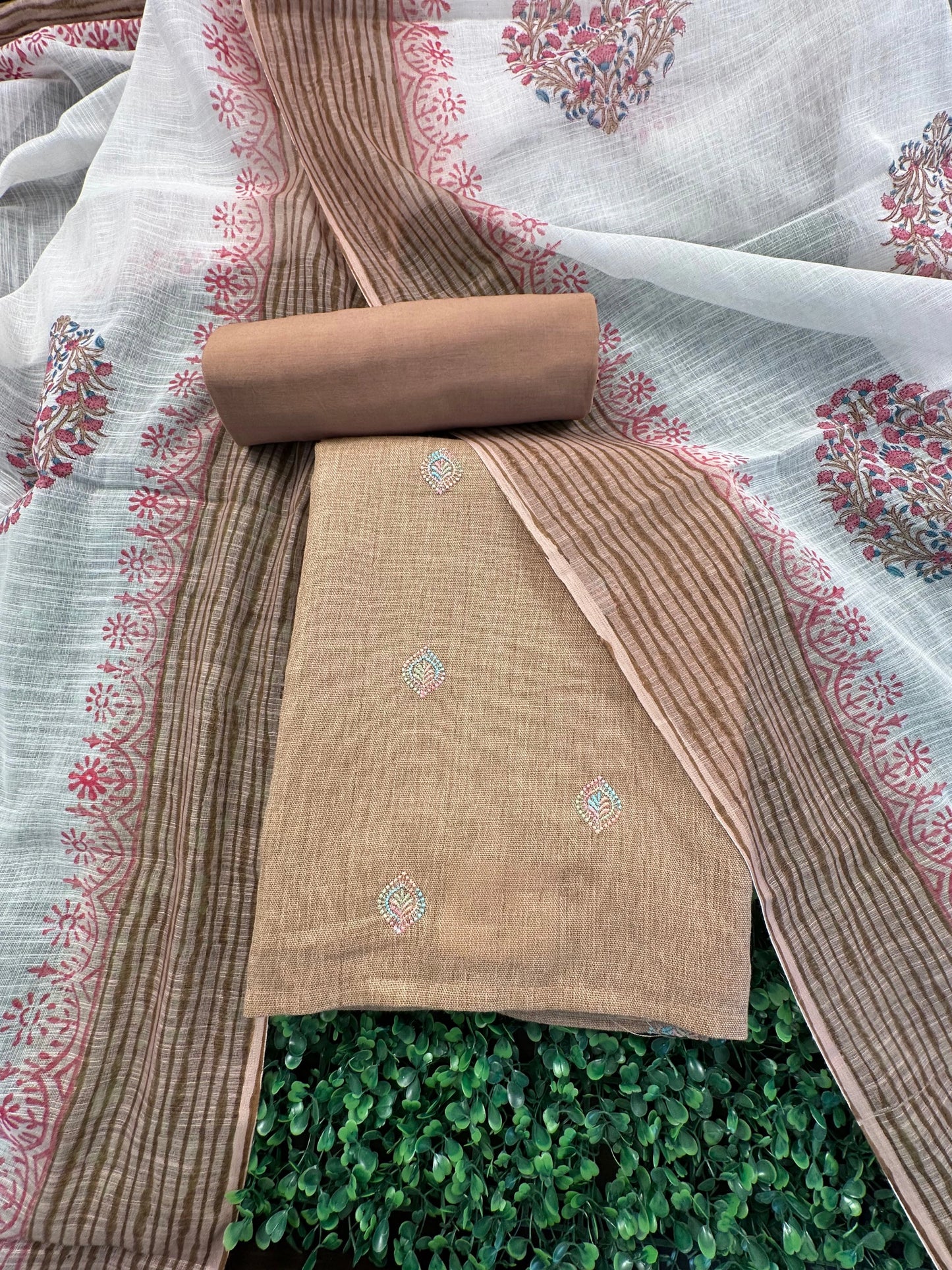Beige Jute Cotton 3-Piece Unstitched Suit