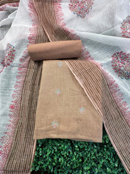 Beige Jute Cotton 3-Piece Unstitched Suit