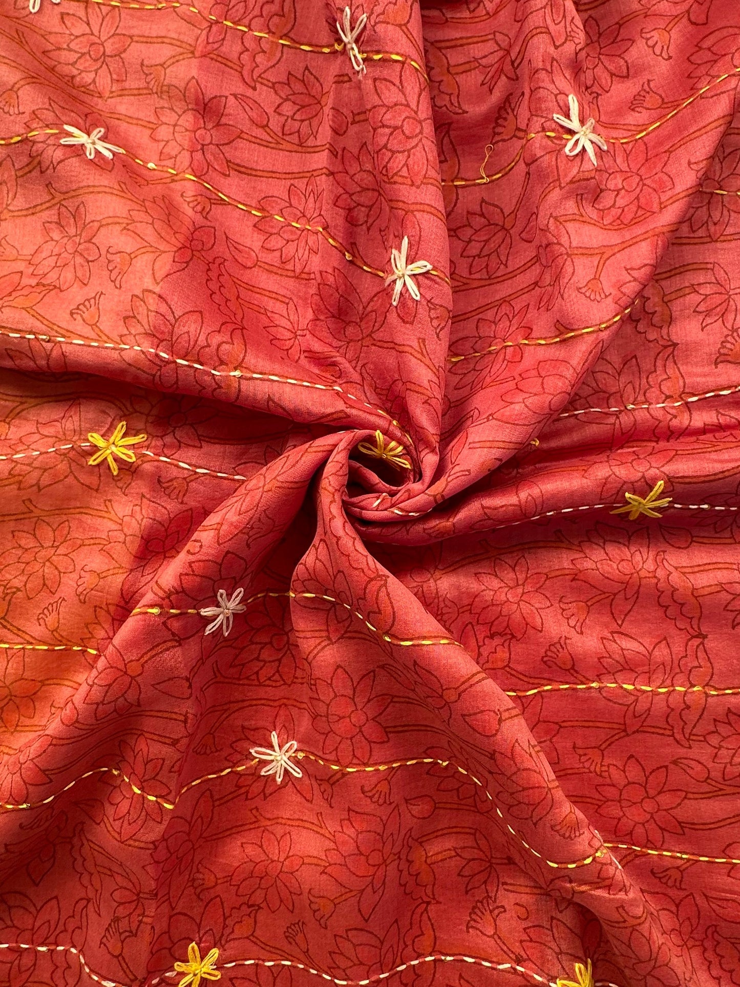 Yellow-Red Block Print Chanderi Saree With Kaantha Stitch