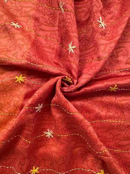 Yellow-Red Block Print Chanderi Saree With Kaantha Stitch