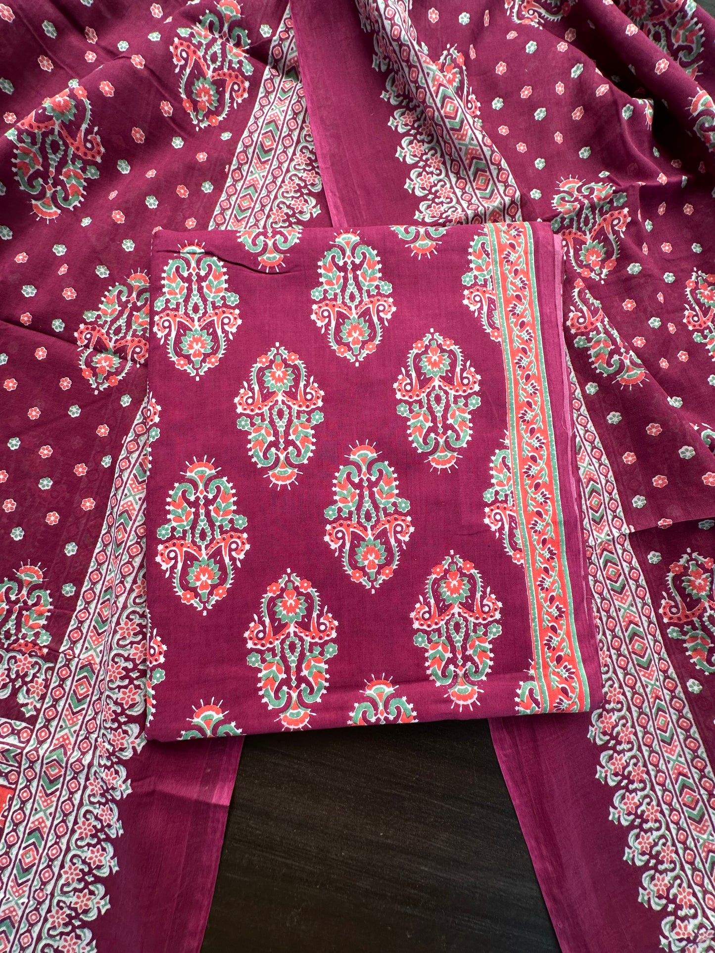 Magenta Block Printed Pure Cotton Suit