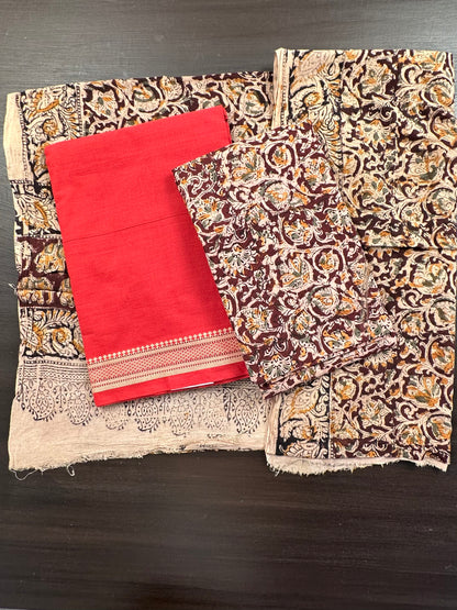 Red Mangalgiri Cotton Unstitched 3-Piece Suit