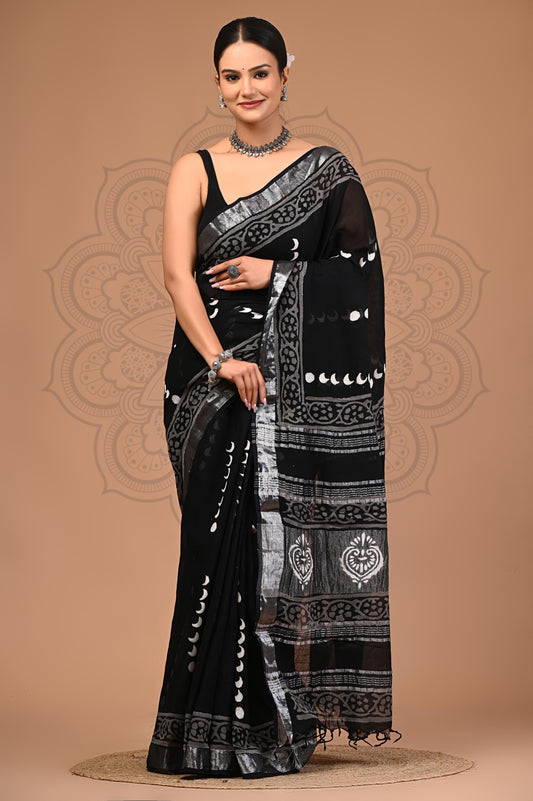 Black Hand  Block Printed Linen Saree