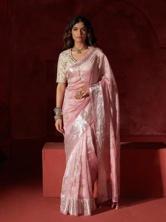 Pink Crush Pure Tissue Silk Saree With Work