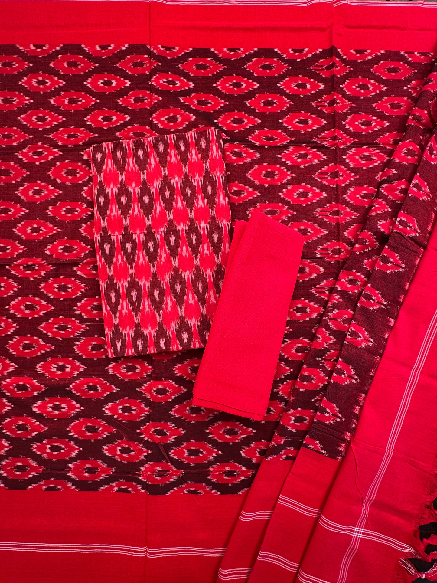 Red Ikkat Cotton Unstitched 3-Piece Suit