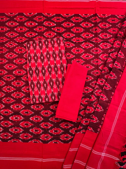 Red Ikkat Cotton Unstitched 3-Piece Suit