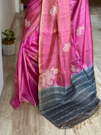 Rani Pink Aari Work Tissue Silk Saree