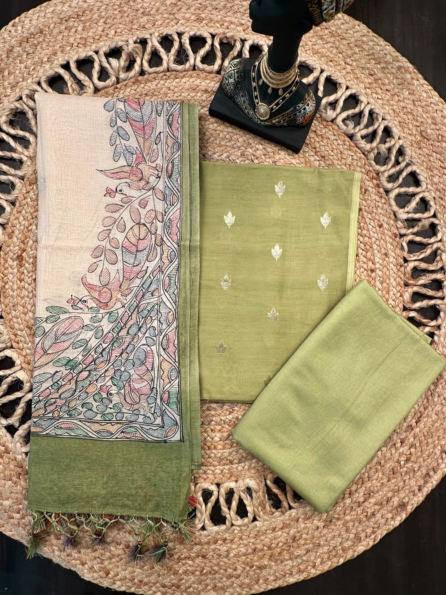 Green Chanderi 3-Piece Unstitched Suit with Madhubani Dupatta