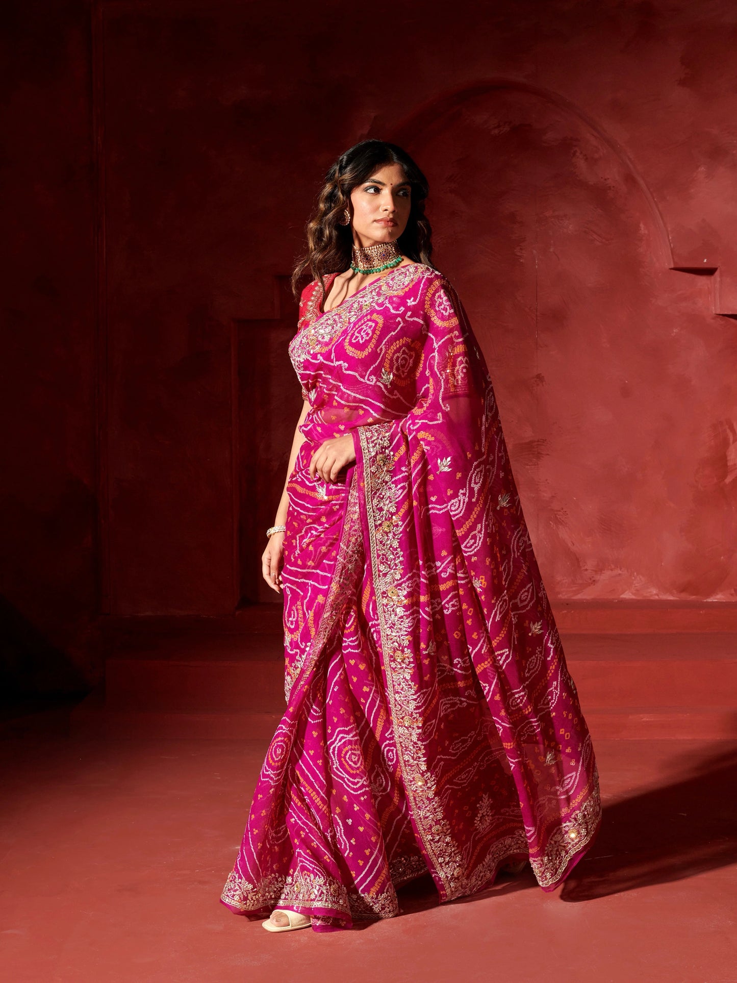 Bandhej Work Chinon Saree