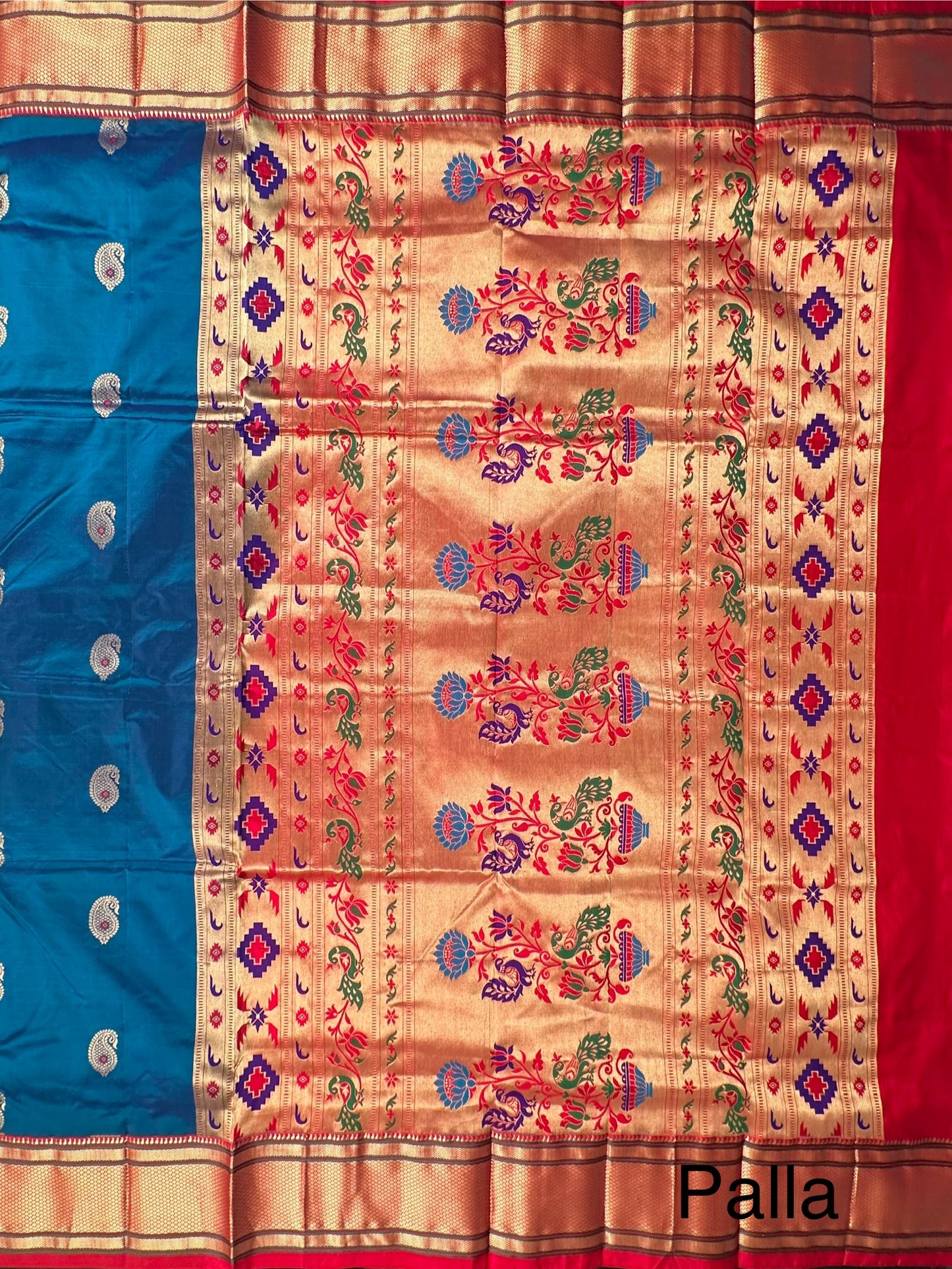 Peacock Blue-Red Paithini Silk Saree