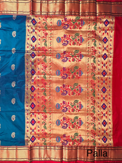 Peacock Blue-Red Paithini Silk Saree