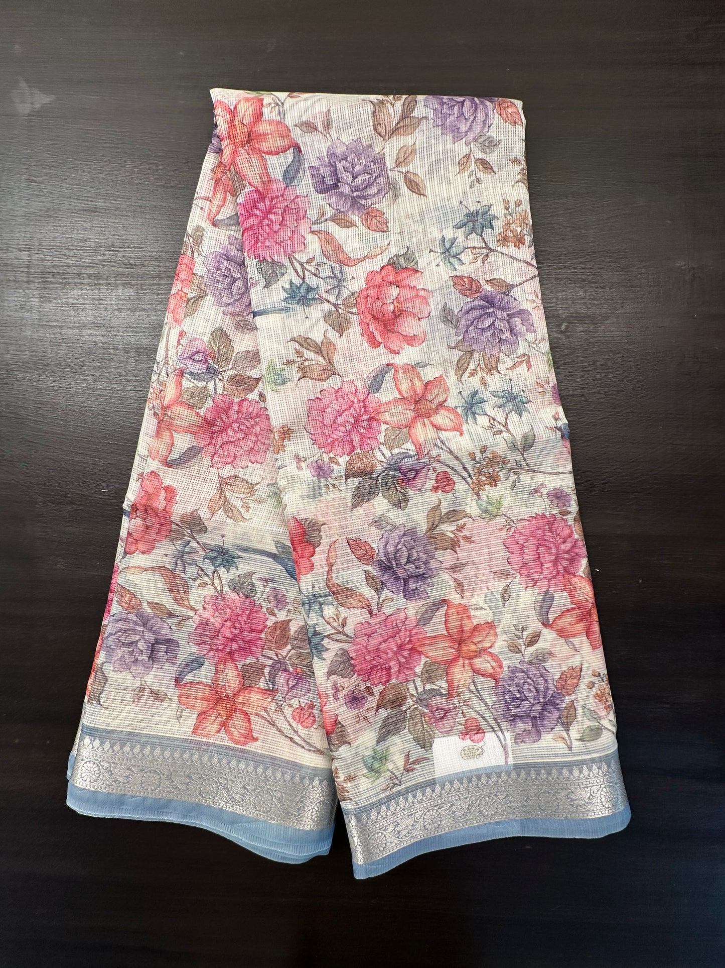 Off White-Grey Floral Kota Doria Saree