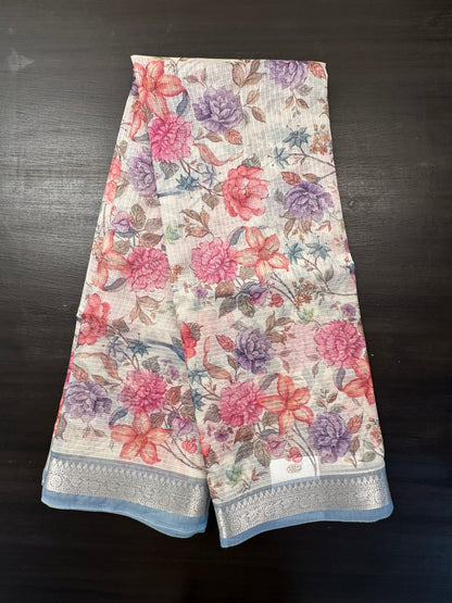Off White-Grey Floral Kota Doria Saree