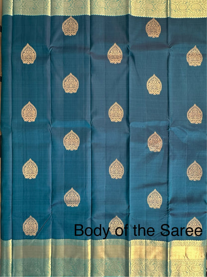 Blue-Firozi Handloom Kanjivaram Pure Silk Saree