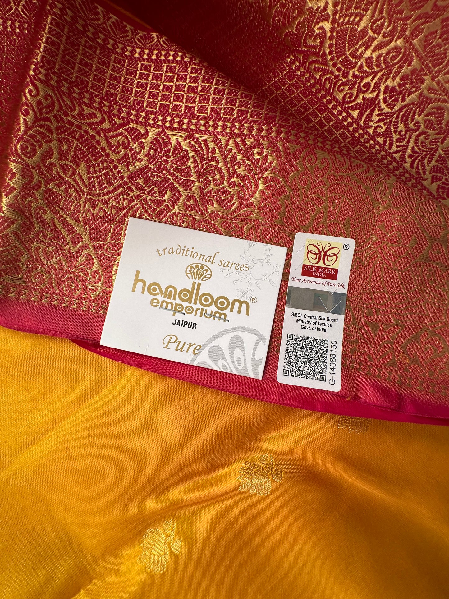 Yellow- Pink Pondicherry Handloom  Pure Silk Saree