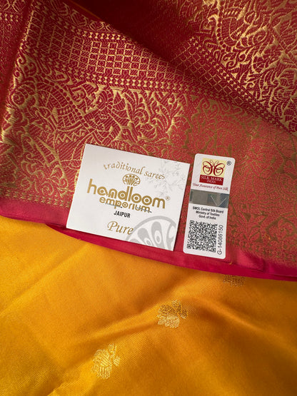 Yellow- Pink Pondicherry Handloom  Pure Silk Saree