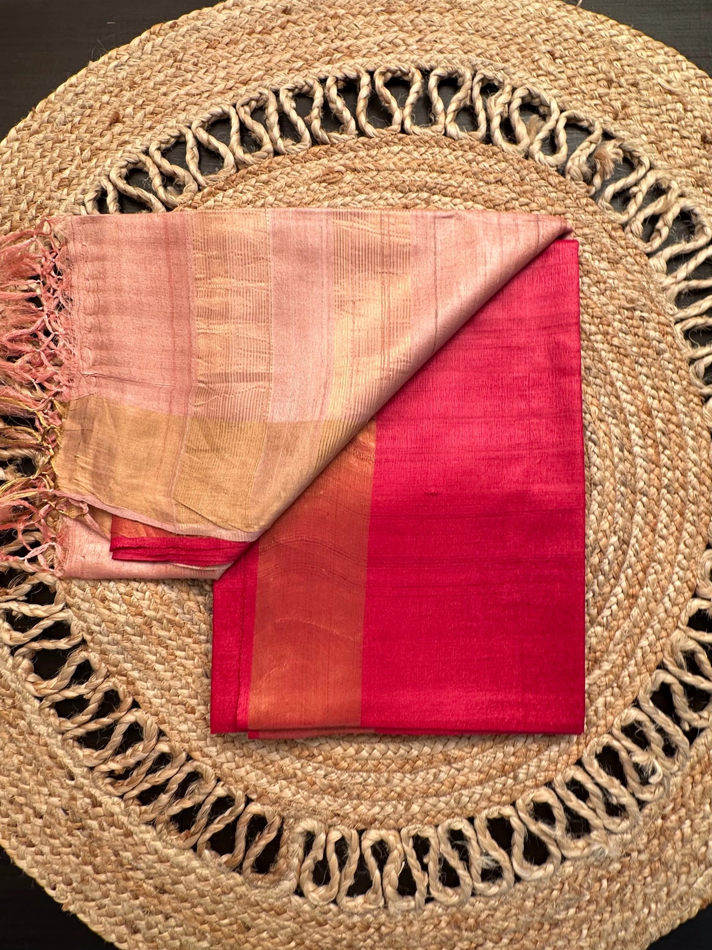 Red-Peach Handloom Tussar Silk Saree