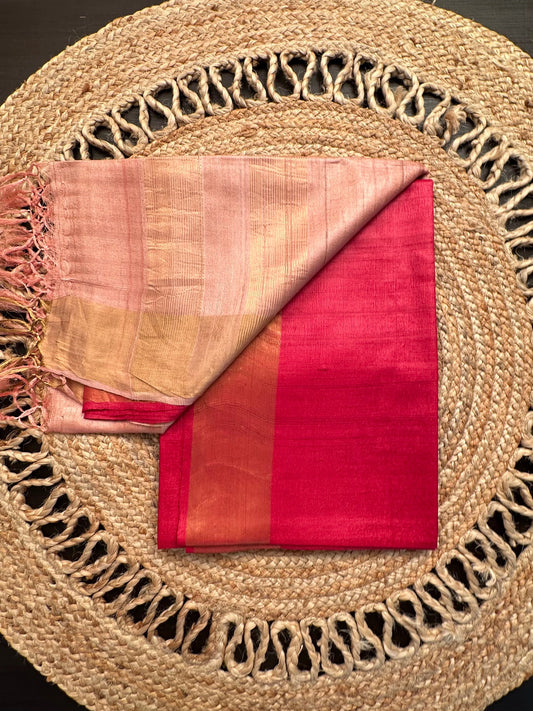 Red-Peach Handloom Tussar Silk Saree