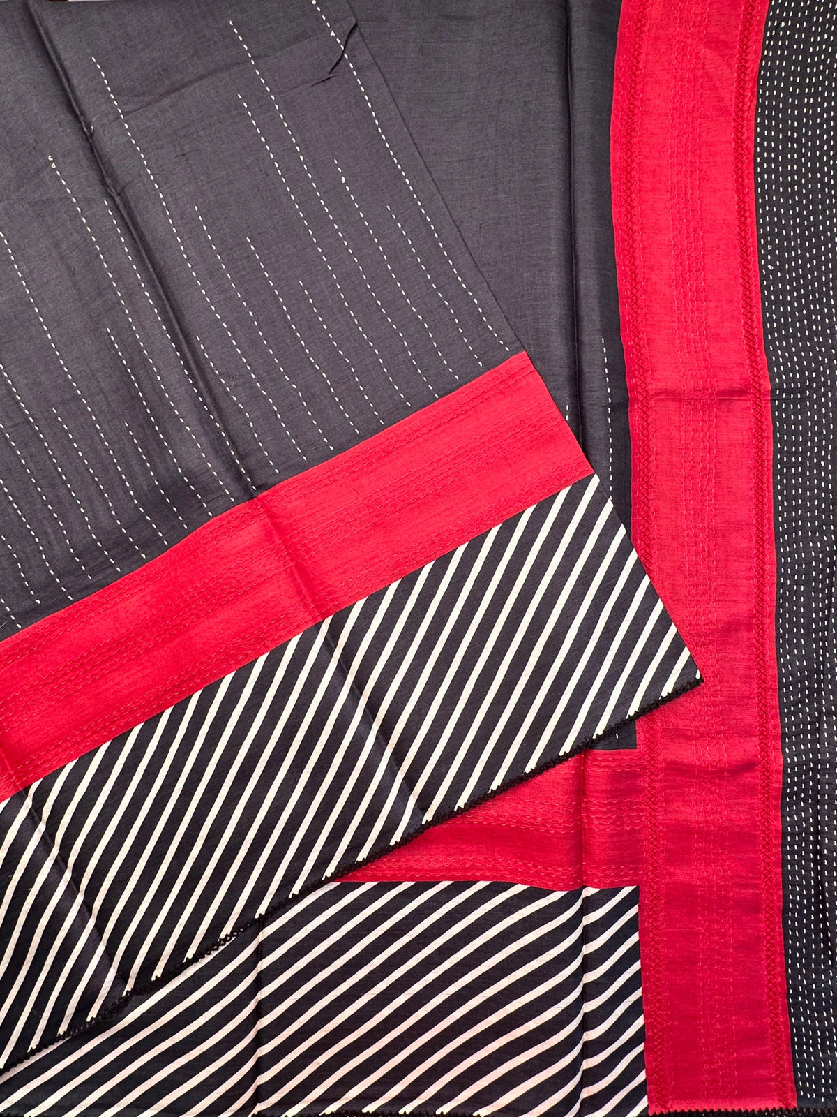 Black-White-Red Pure Tussar Silk Saree
