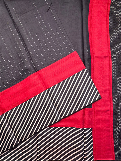 Black-White-Red Pure Tussar Silk Saree