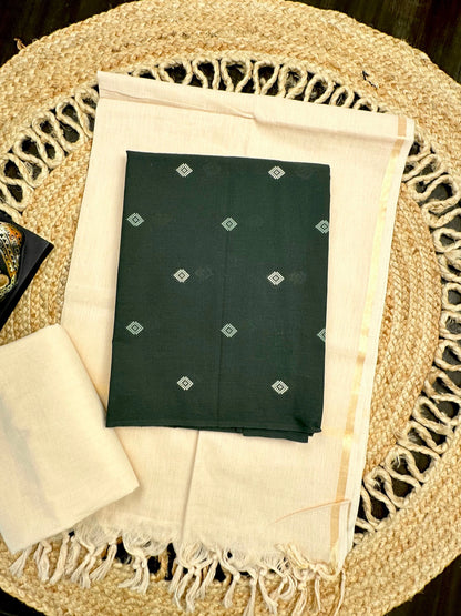 Bottle Green-Beige South Cotton 3-Piece Suit