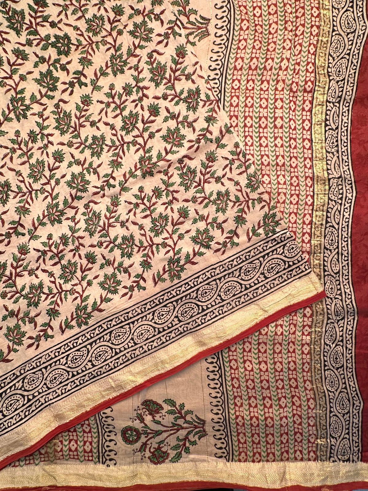 Beige-Maroon Chanderi Saree with Hand Block Print