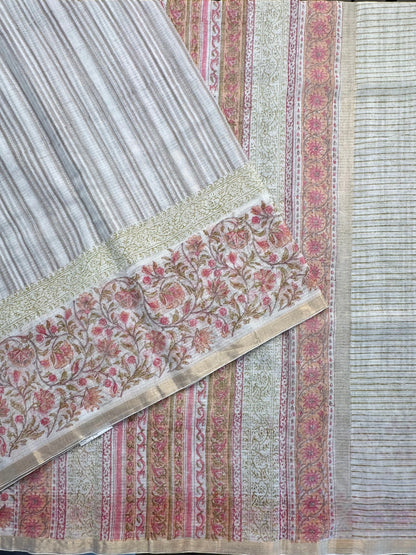 Off White-Grey Block Printed Kota Doria Cotton saree